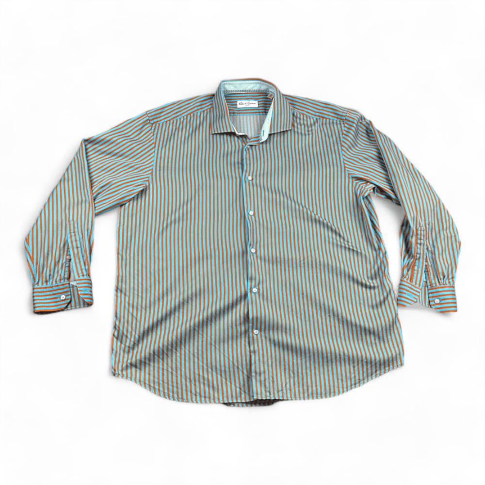 Robert Graham Shirt Adult EXTRA LARGE Blue Yellow Stripes Button Down Dress
